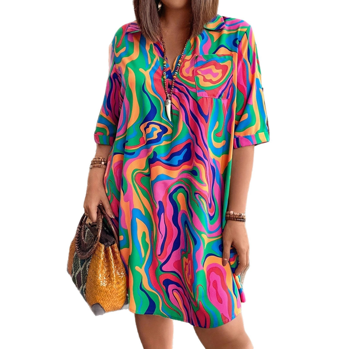 V-Ausschnitt lockeres Tie-Dye-Kleid bis Knie – Bild 6 | LuxeStyle