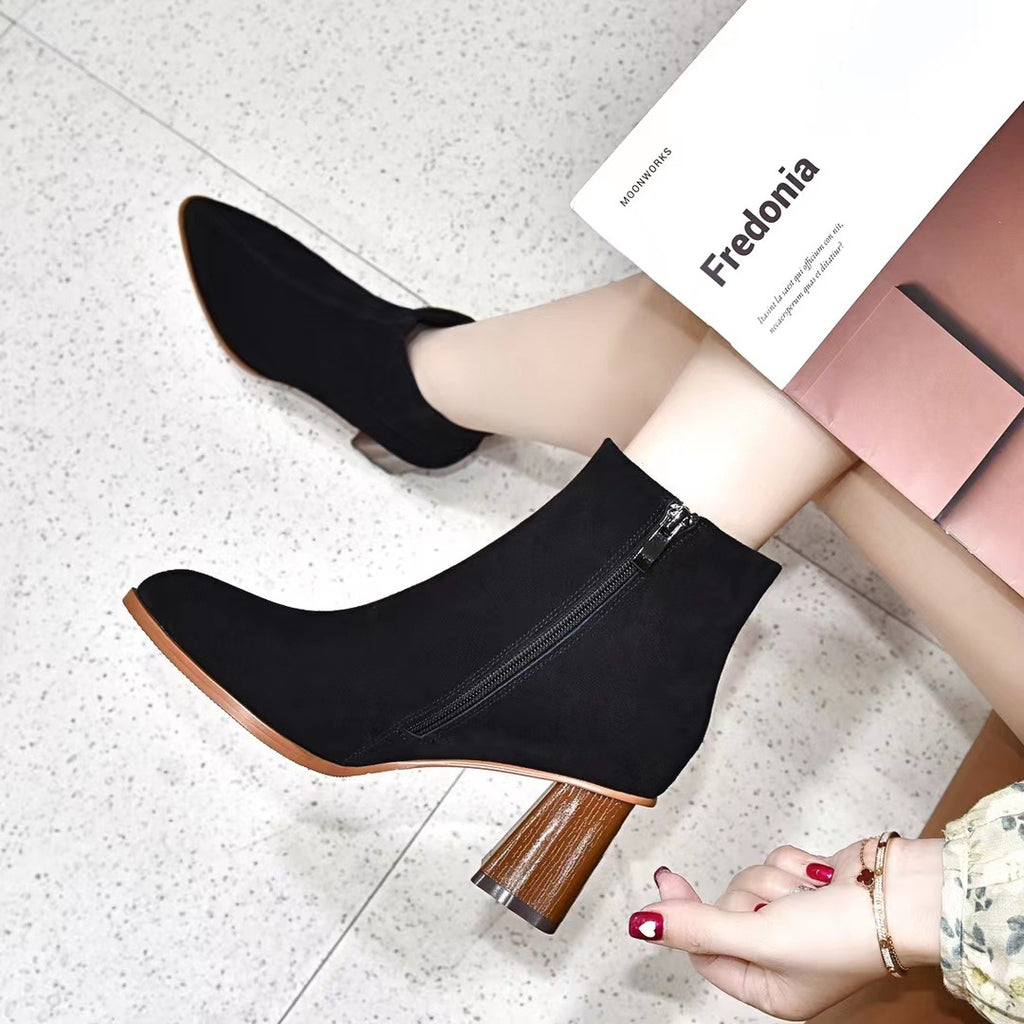 Spitzschuh mit Holzkorn-Optik Hochhackige Ankle Boots Schafleder
