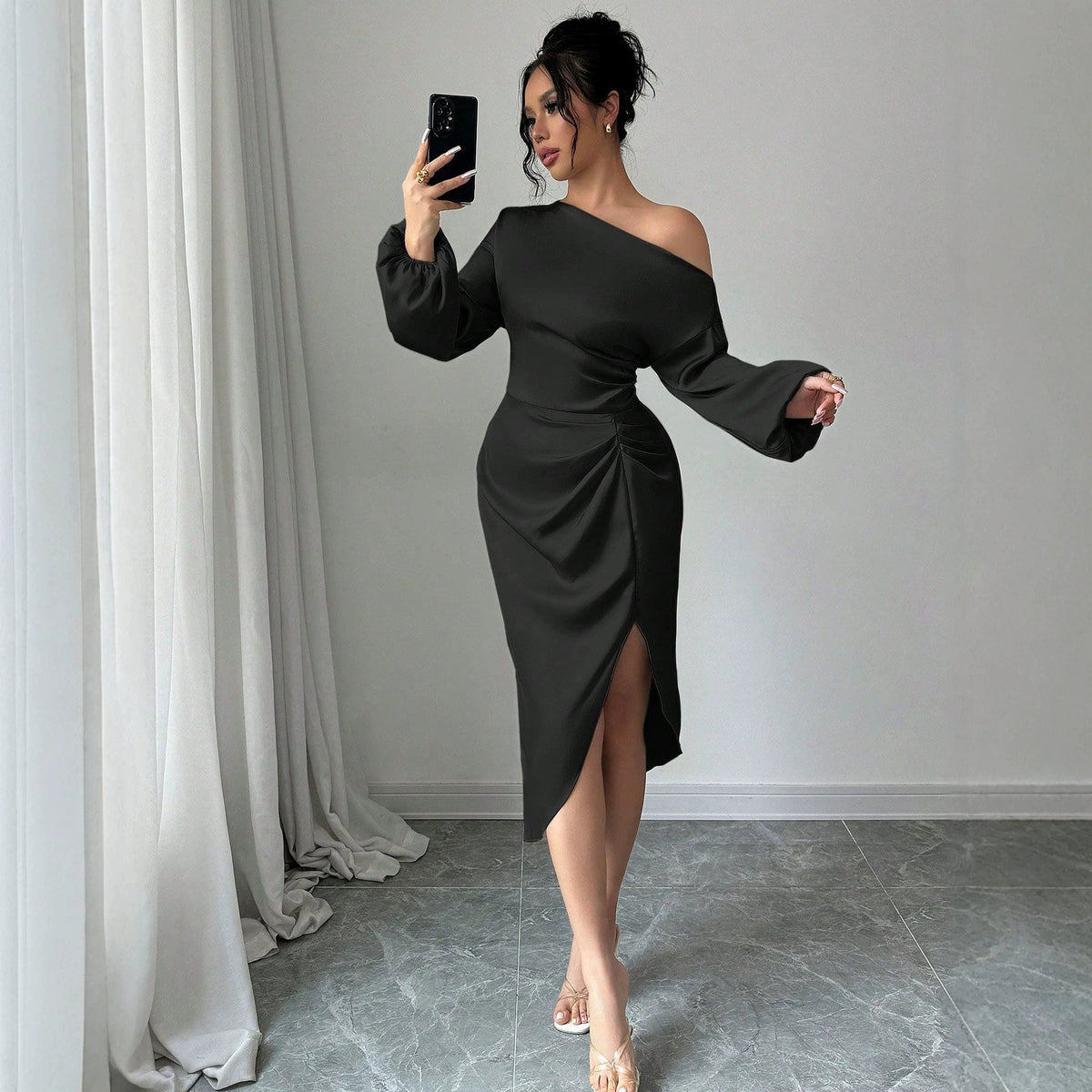 Elegantes Off-Shoulder Midi-Kleid mit Puffärmeln – Bild 2 | LuxeStyle