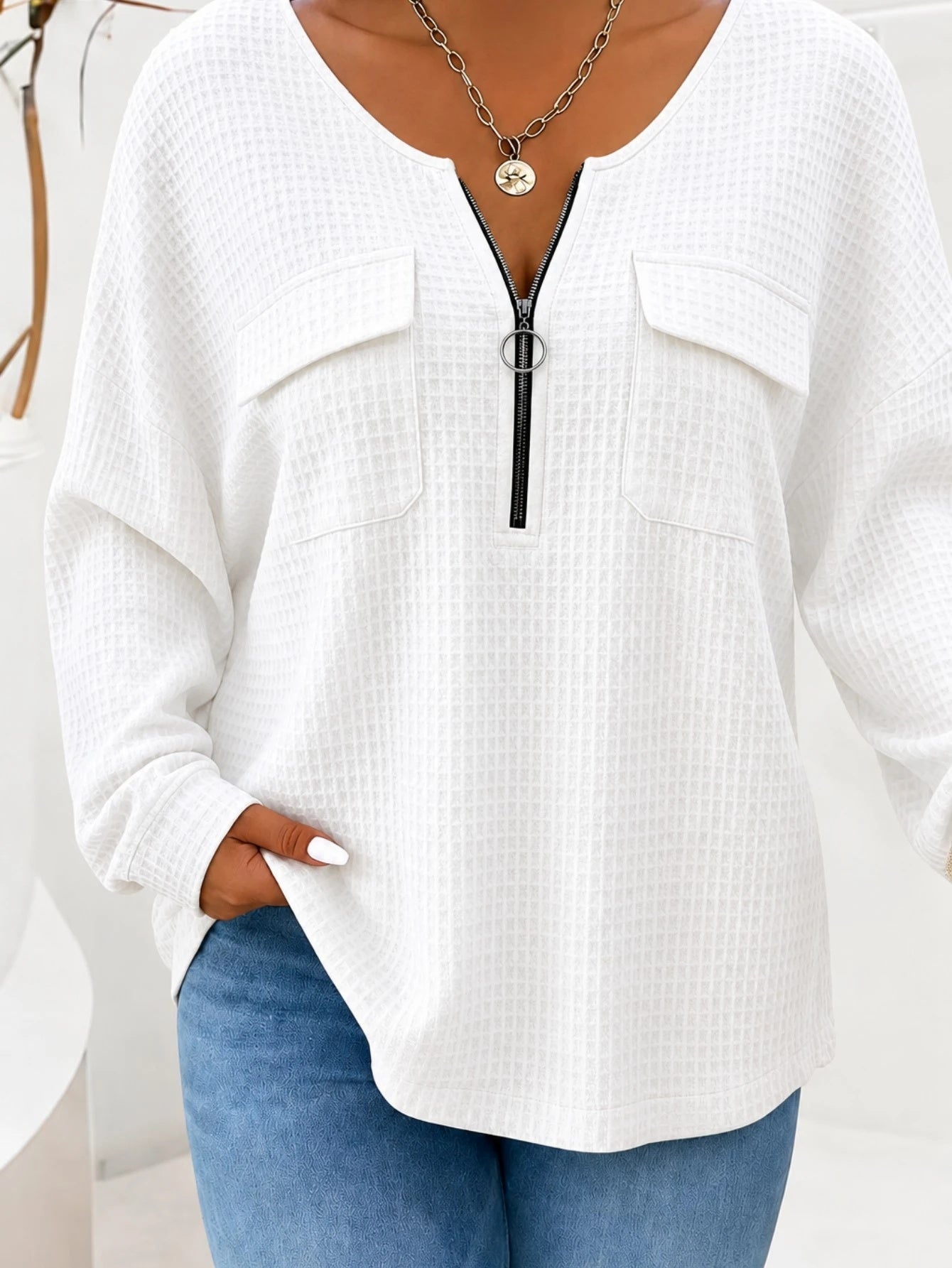 Einfarbiger Damen Pullover mit V-Ausschnitt