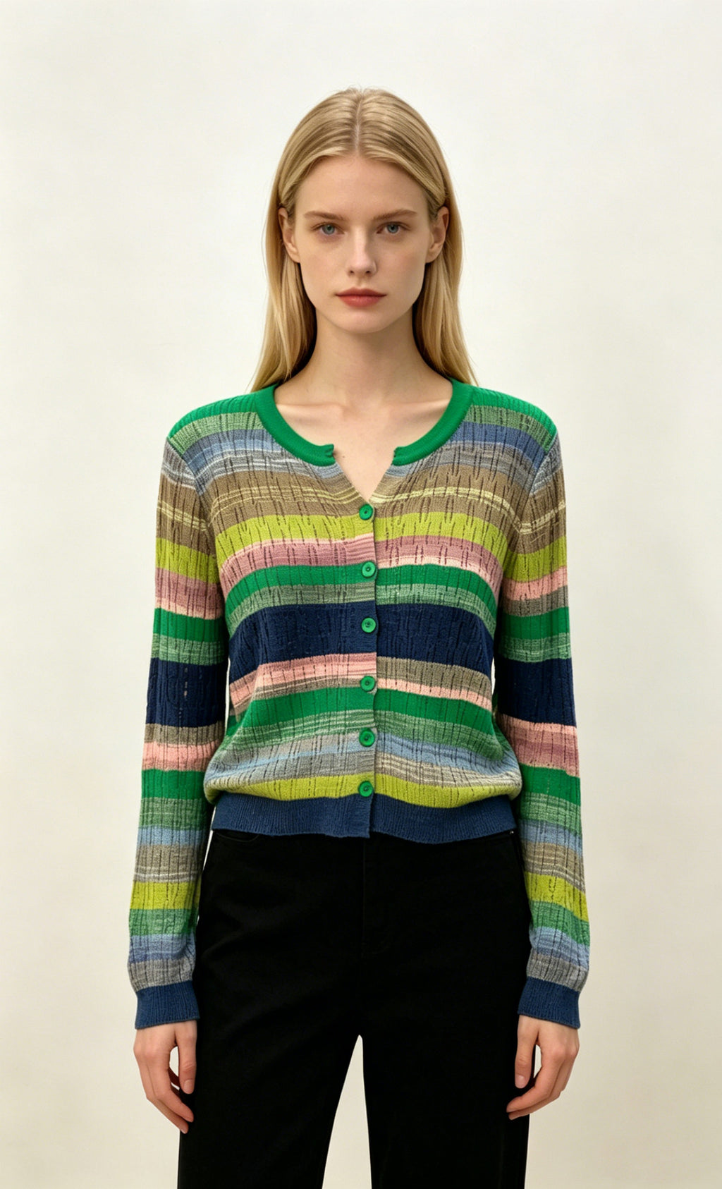 V-Neck Strick-Cardigan mit Farbblock-Streifen