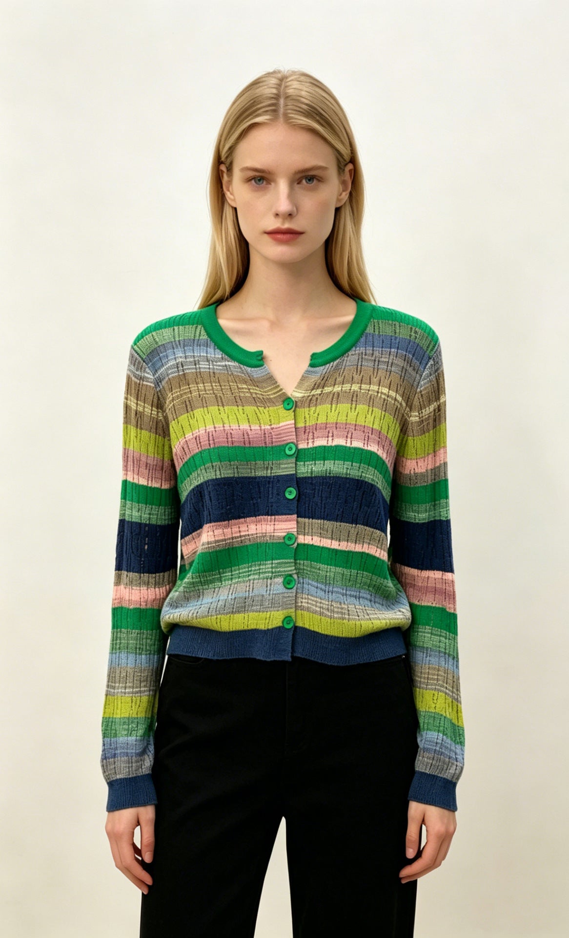V-Neck Strick-Cardigan mit Farbblock-Streifen