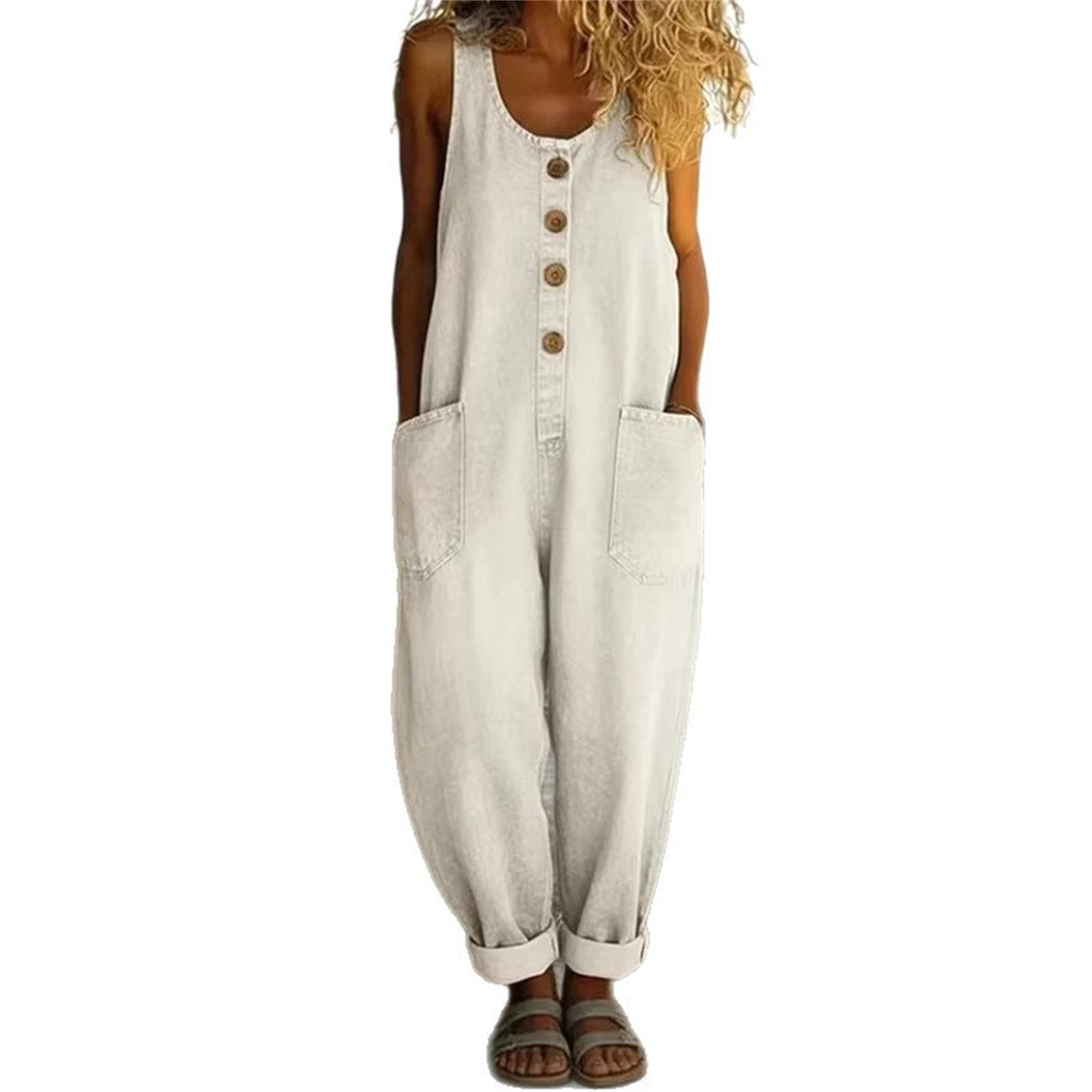 Ärmelloser Denim-Jumpsuit mit Taschen