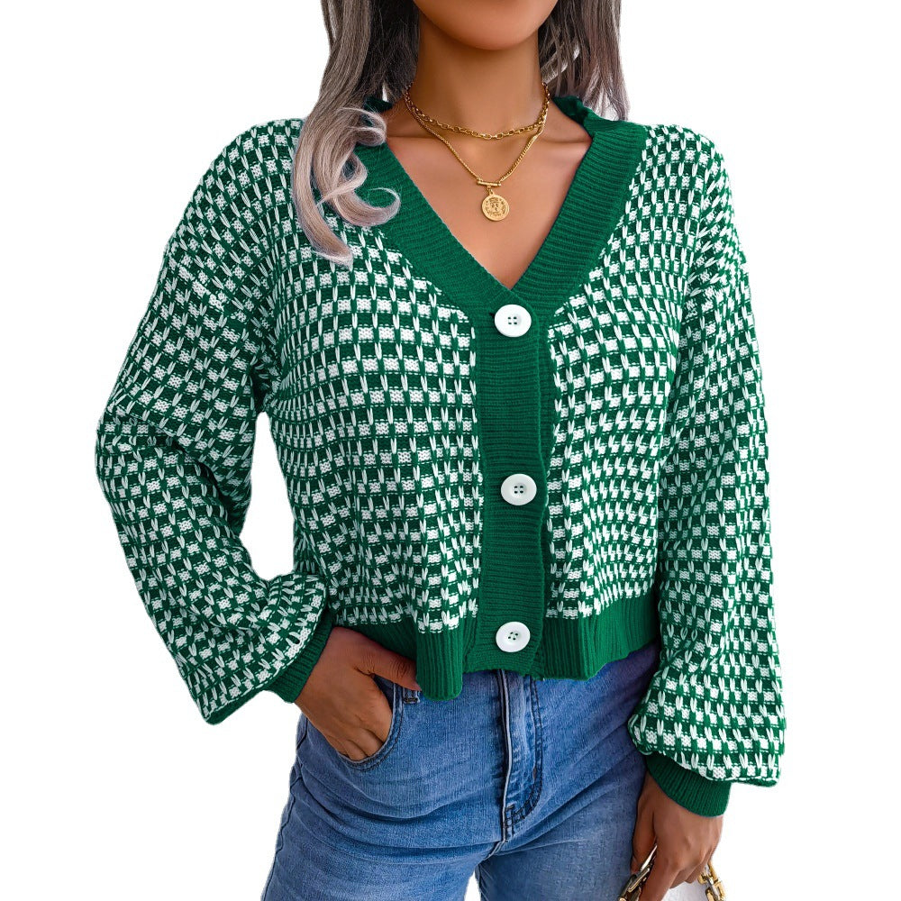 Cardigan mit Farbblock-Plaid und Puffärmeln