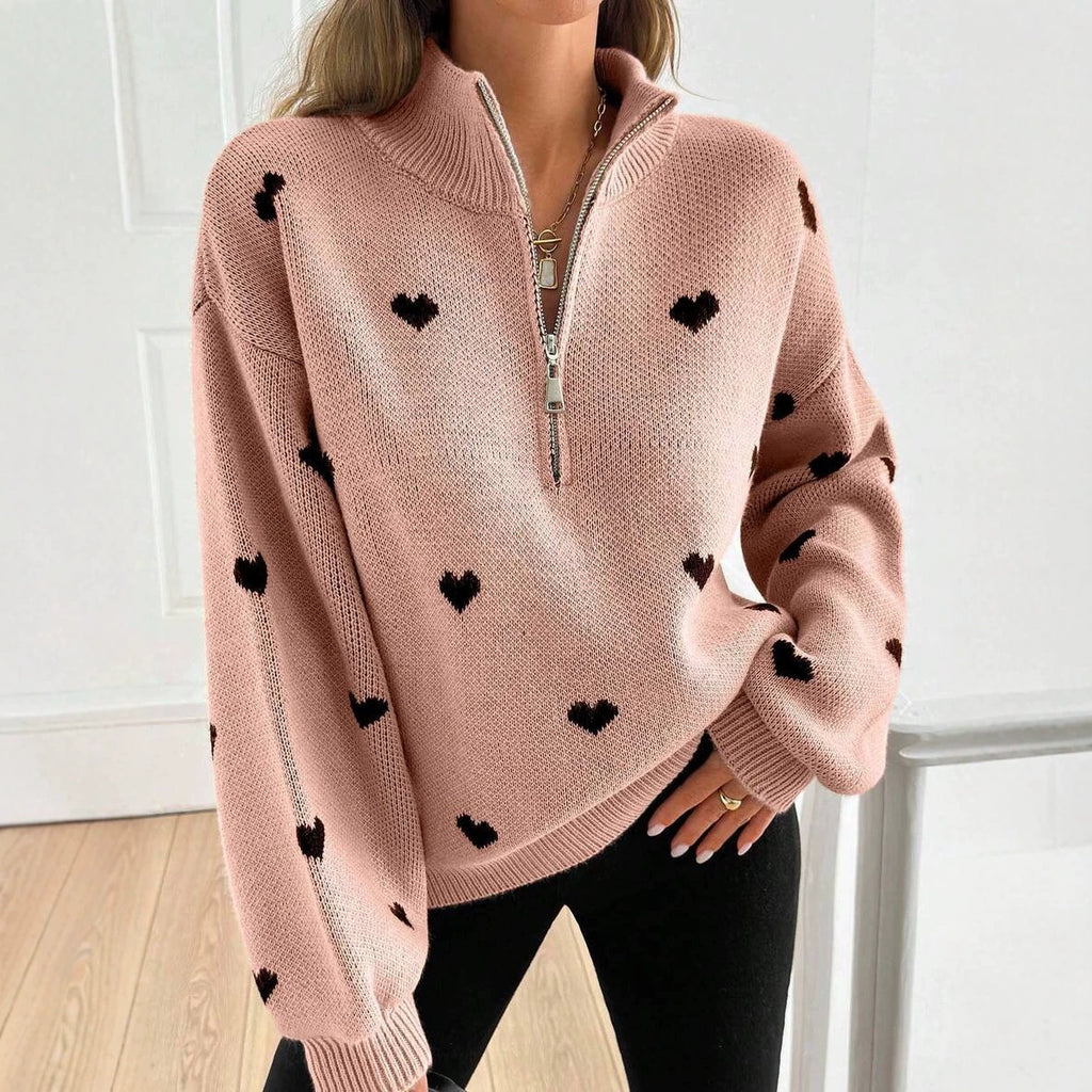 Damen Strickpullover mit Herzmuster-Reissverschluss
