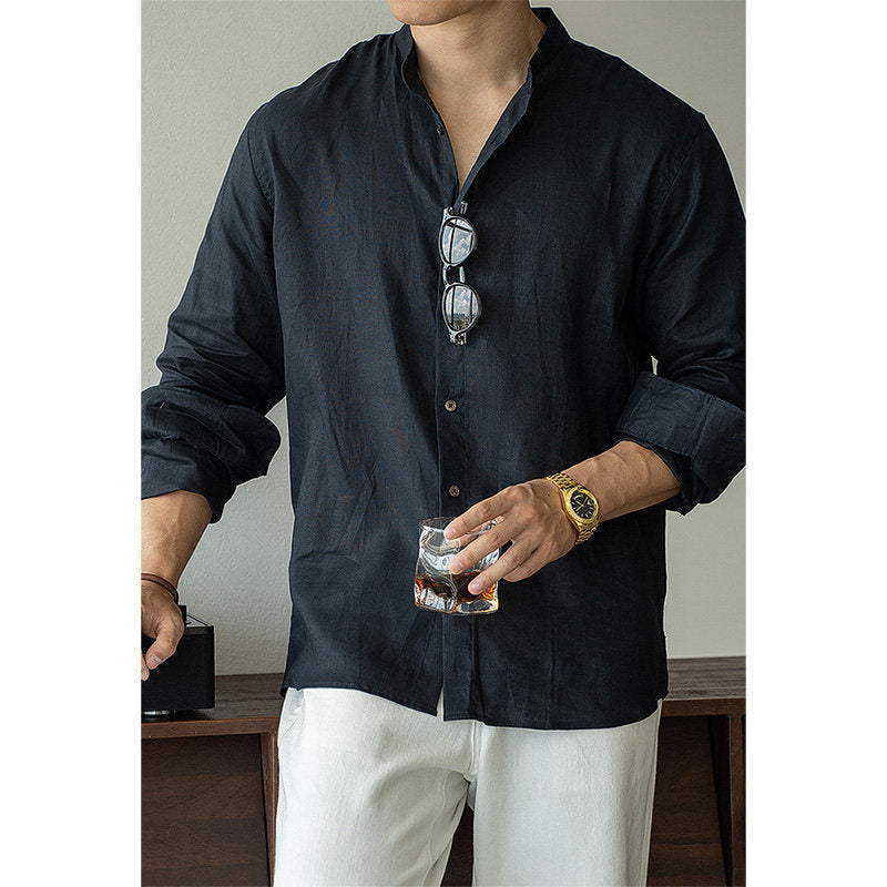 Leinenhemd mit Stehkragen für Herren – Beige-2XL-Standing collar – Ansicht 3