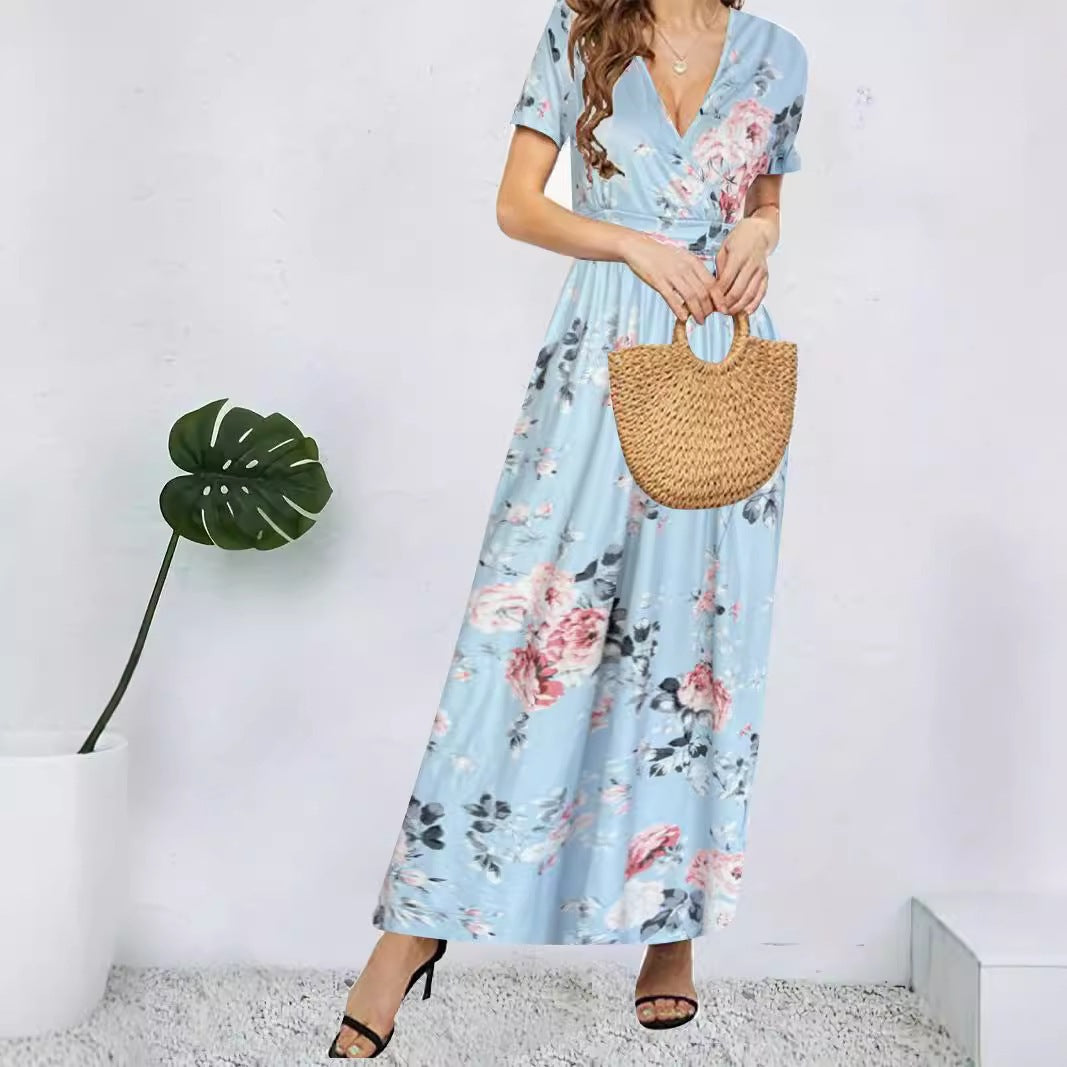 Bedrucktes V-Neck Sommerkleid mit kurzen Ärmeln – Bild 5 | LuxeStyle