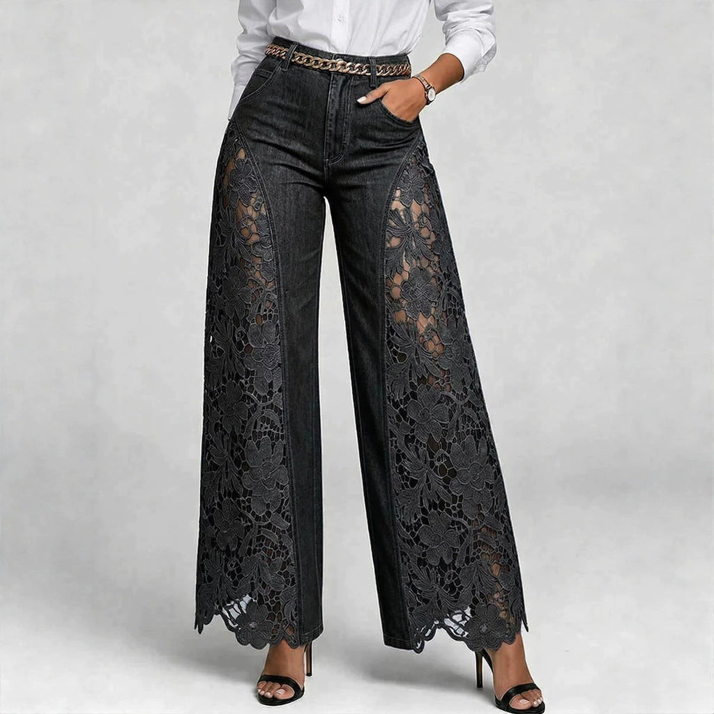 Hochtaillierte Weitbeine Damen Jeans mit Spitzenpaneelen