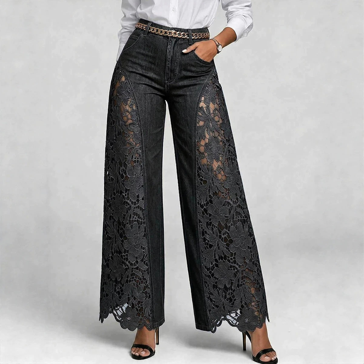 Hochtaillierte Weitbeine Damen Jeans mit Spitzenpaneelen