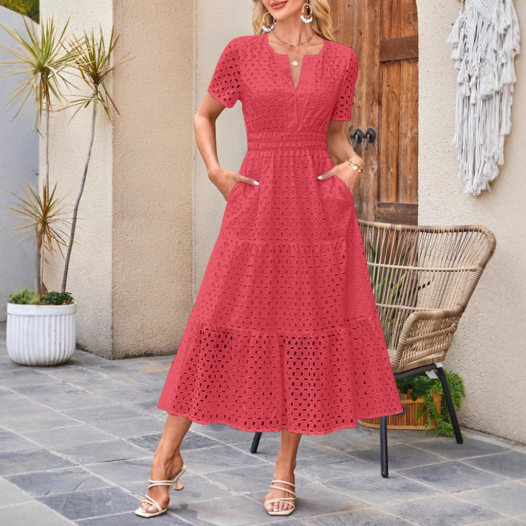 Kurzes V-Neck Kleid mit Lochstickerei – Bild 7 | LuxeStyle