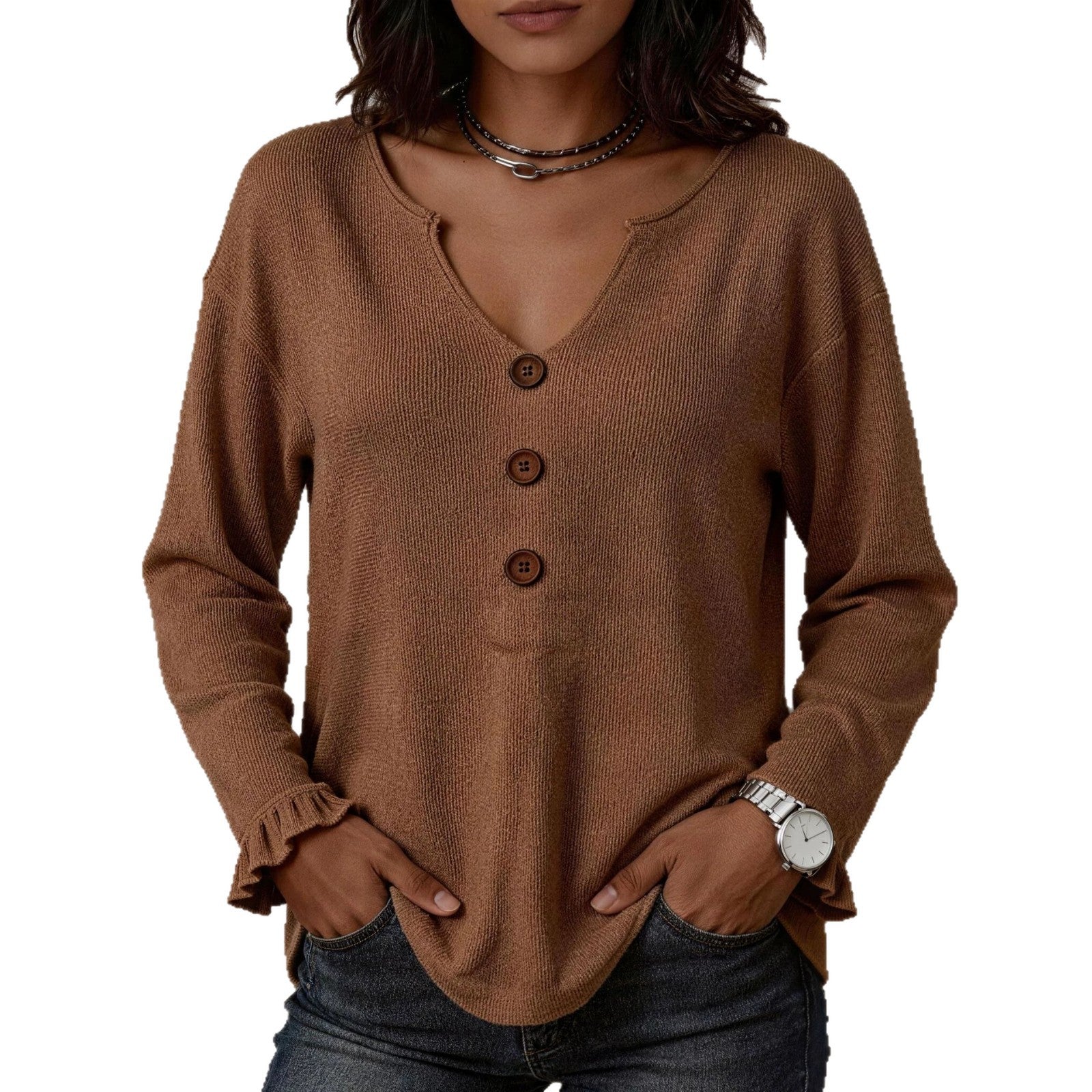 Strickpullover mit Rüschenärmeln und Knöpfen