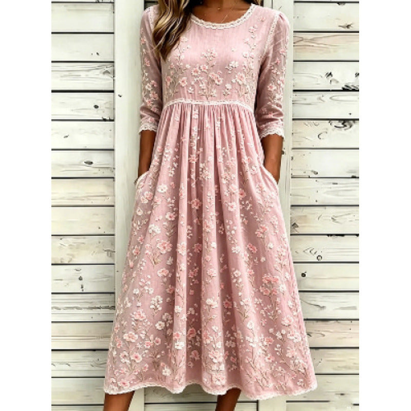 Besticktes Midikleid mit Rundhalsausschnitt