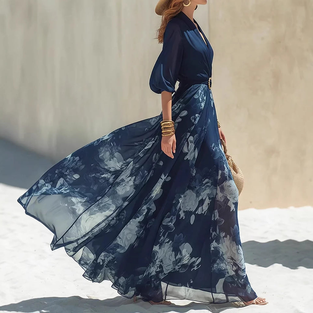 Elegantes Blumenkleid mit V-Ausschnitt – Bild 4 | LuxeStyle