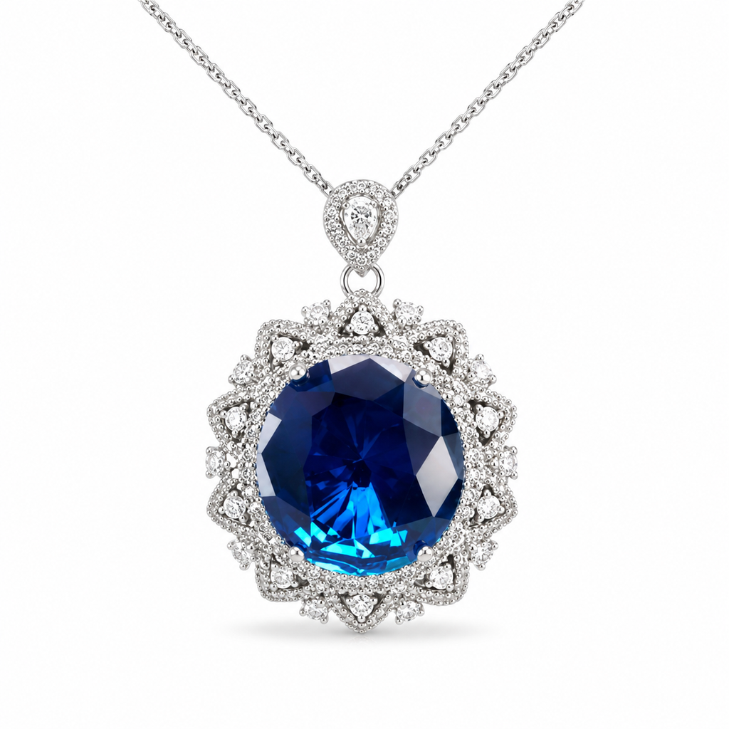 Doppel-Halo Oval Royalblau CZ Halskette