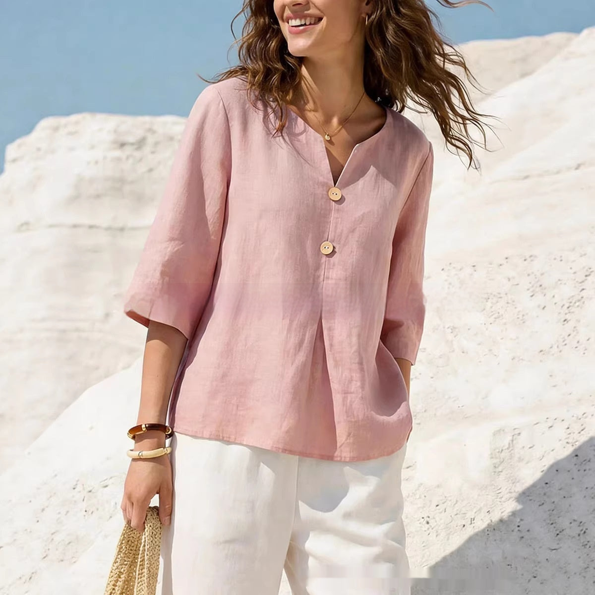 V-Neck Baumwoll-Leinen Bluse für Damen – Bild 8 | LuxeStyle