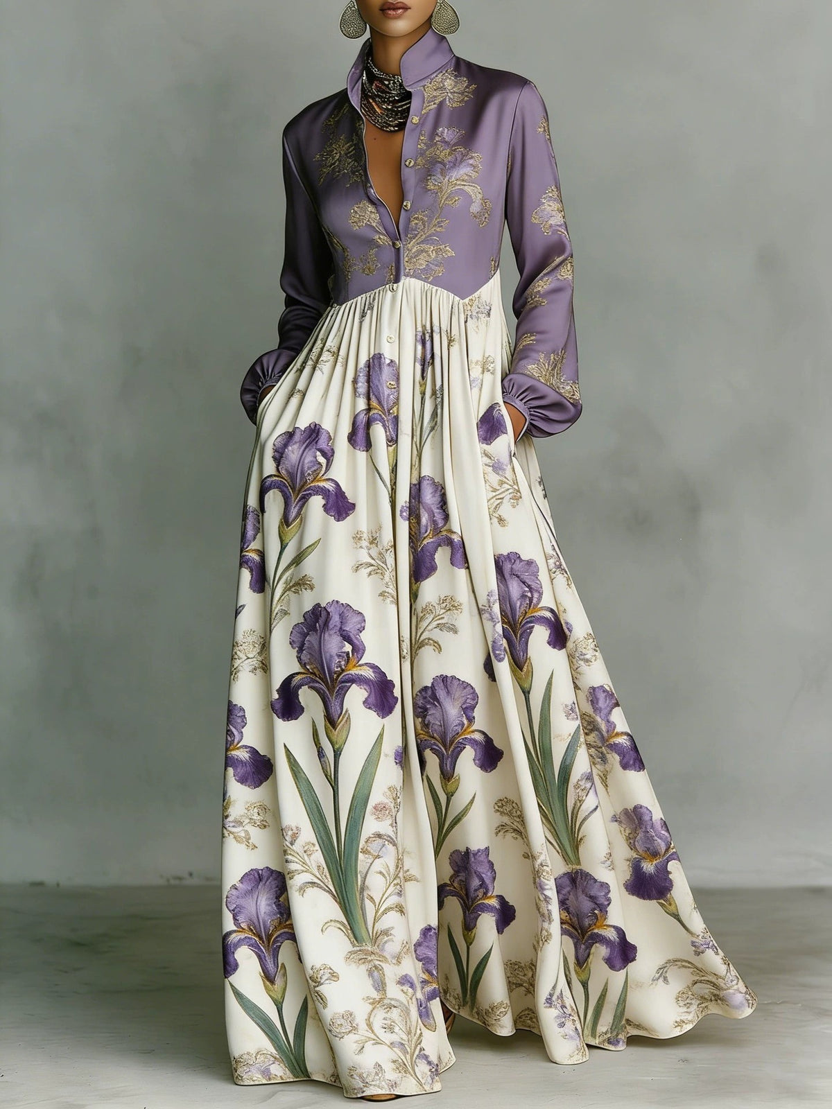 Maxikleid mit Stehkragen und Vintage-Print – Bild 6 | LuxeStyle