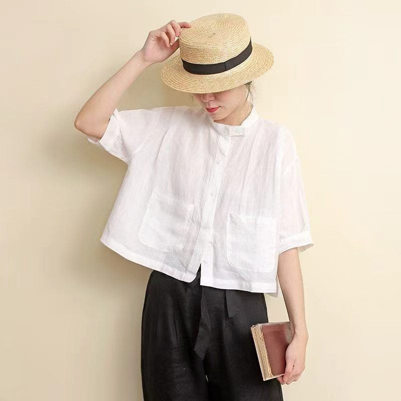 Retro Mock-Neck Top aus Ramie