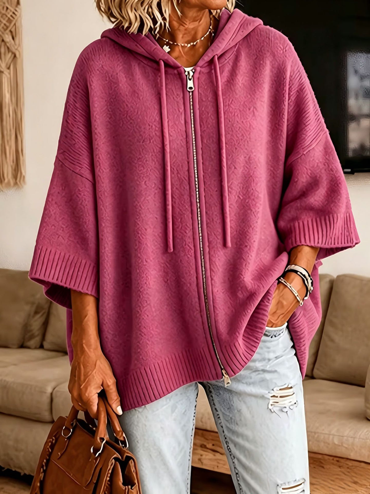 Hooded Cardigan Sweatshirt mit Fledermausärmeln – Bild 6 | LuxeStyle