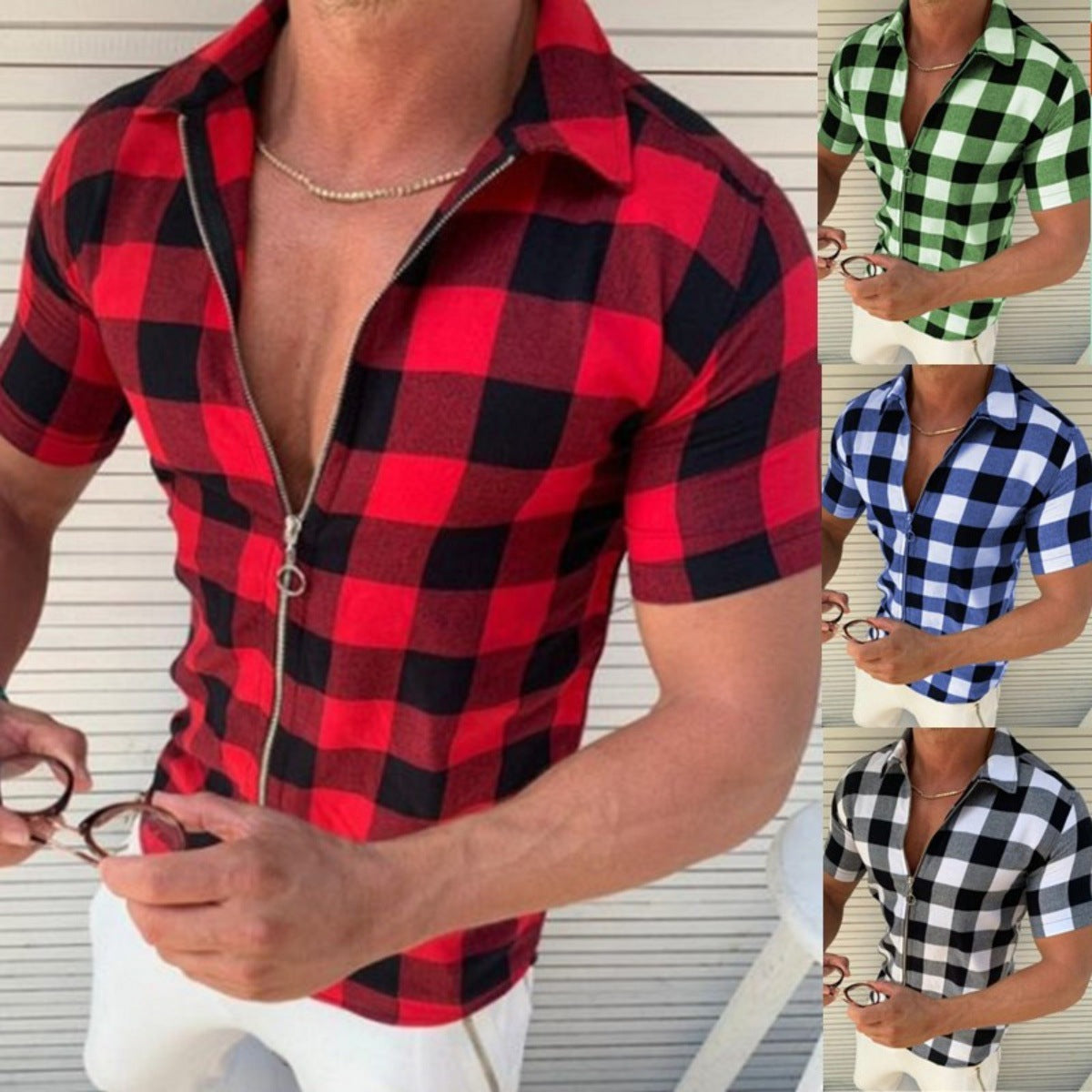 Plaid T-Shirt mit Reissverschluss für Herren