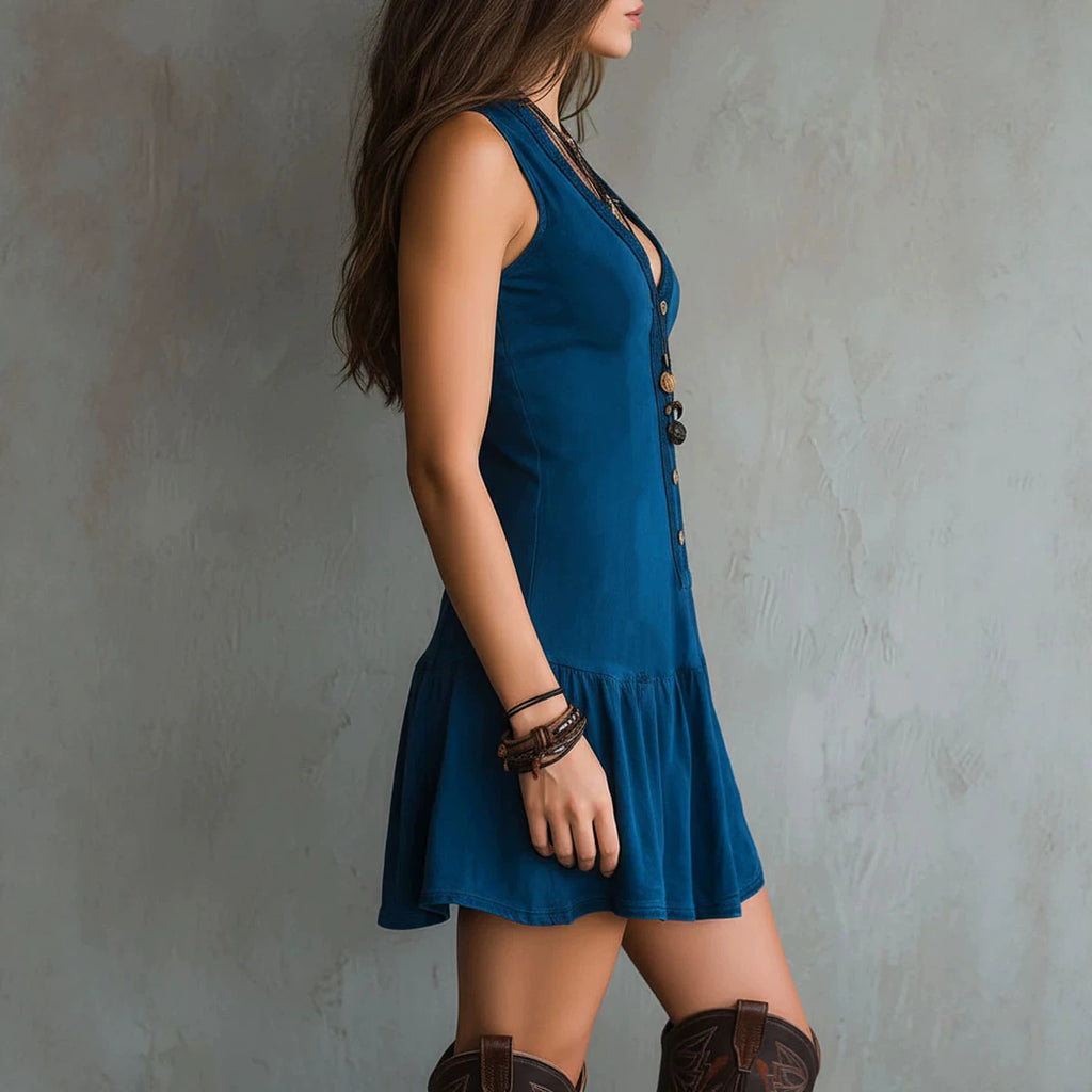 Boho-Kleid «Indigo» · Ärmellos mit Knopfleiste & Volant
