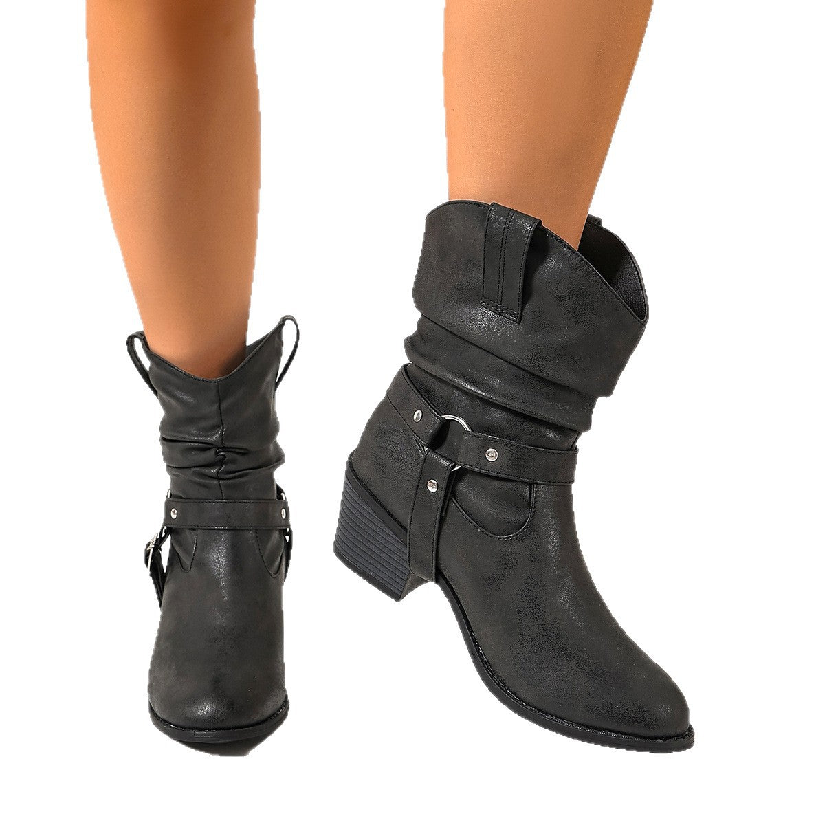 Bequeme Kniehoch-Boots mit Nietenriemen, massiven Absätzen und schlank