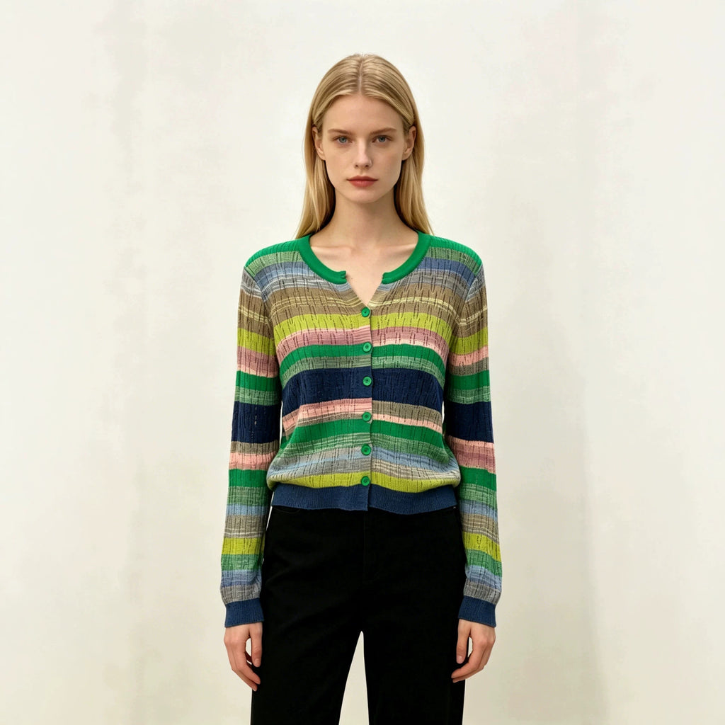 V-Neck Strick-Cardigan mit Farbblock-Streifen