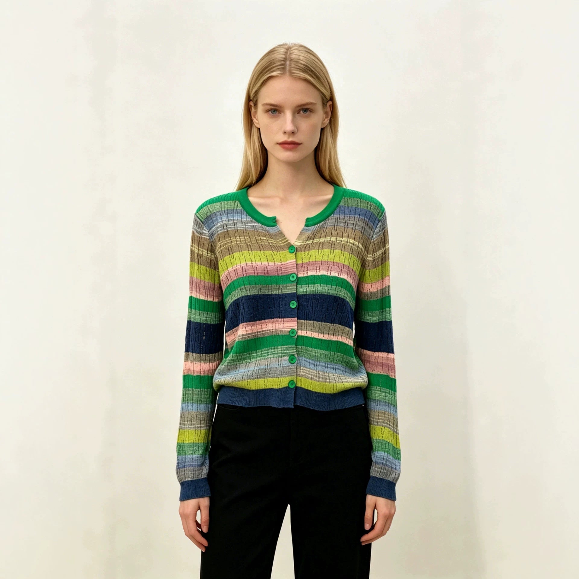 V-Neck Strick-Cardigan mit Farbblock-Streifen