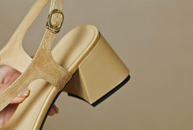 Apricotgelb-blaue Chunky Heel Cross-Strap Sandalen – Bild 5 | LuxeStyle