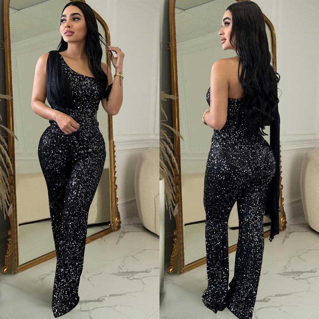 Eleganter Pailletten-Jumpsuit mit One-Shoulder
