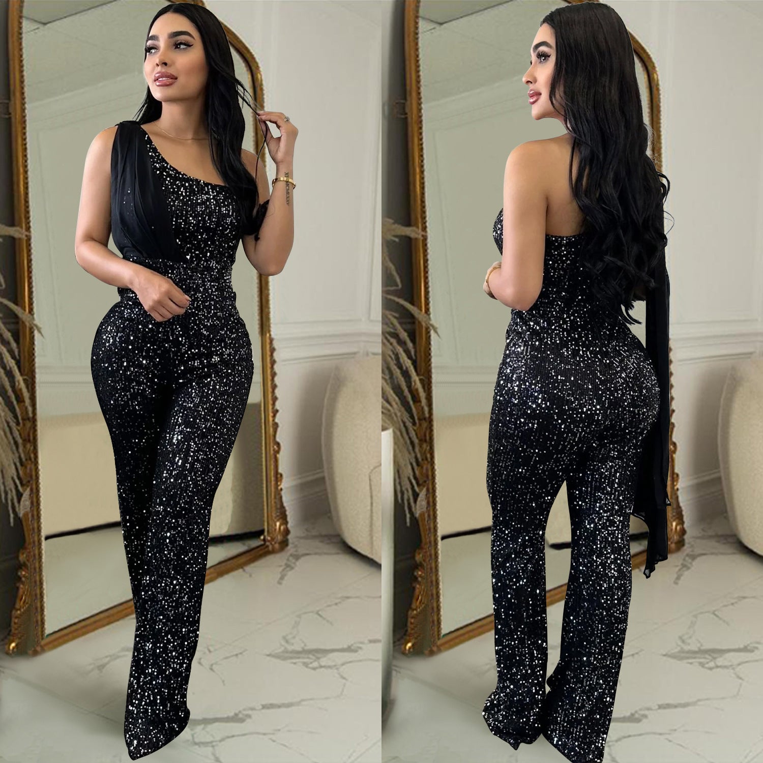 Eleganter Pailletten-Jumpsuit mit One-Shoulder
