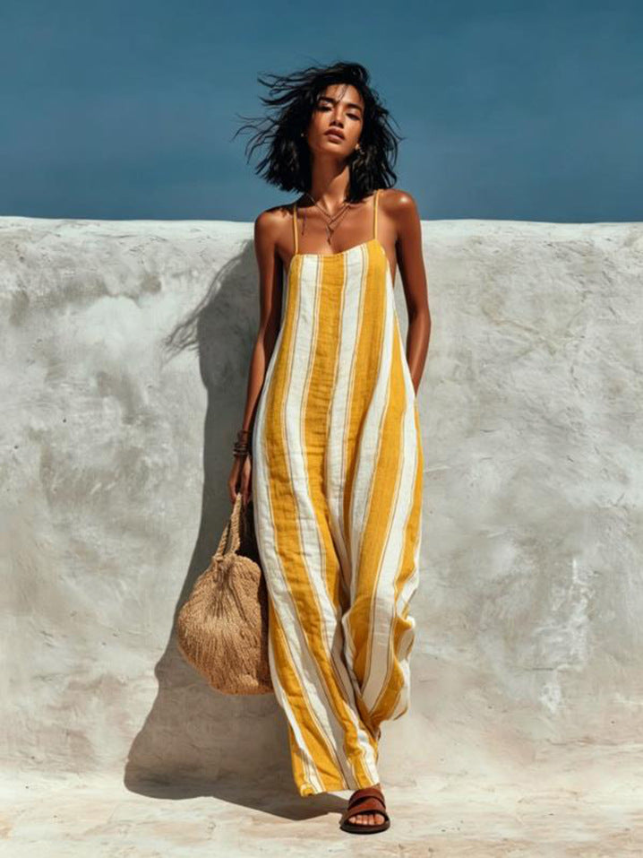 Gestreifter ärmelloser Jumpsuit mit Bindegürtel