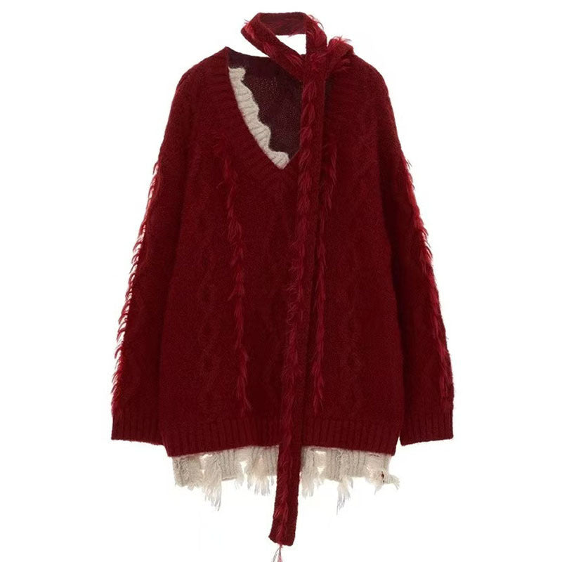 Roter Grobstrick-Pullover mit V-Ausschnitt – Ansicht 6