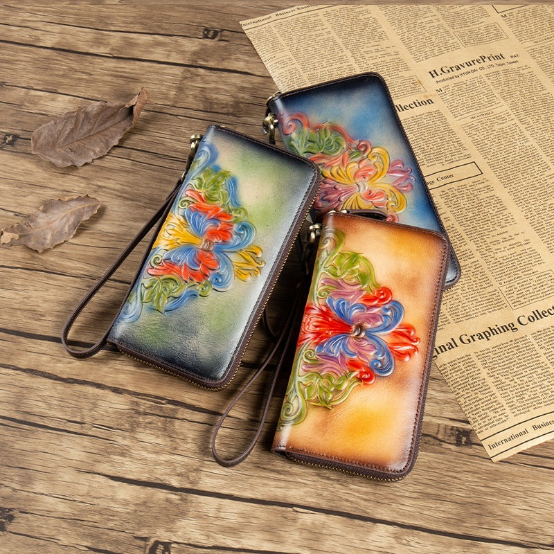 Genuine Leather Cowhide Wallet mit Blumenprägung | LuxeStyle