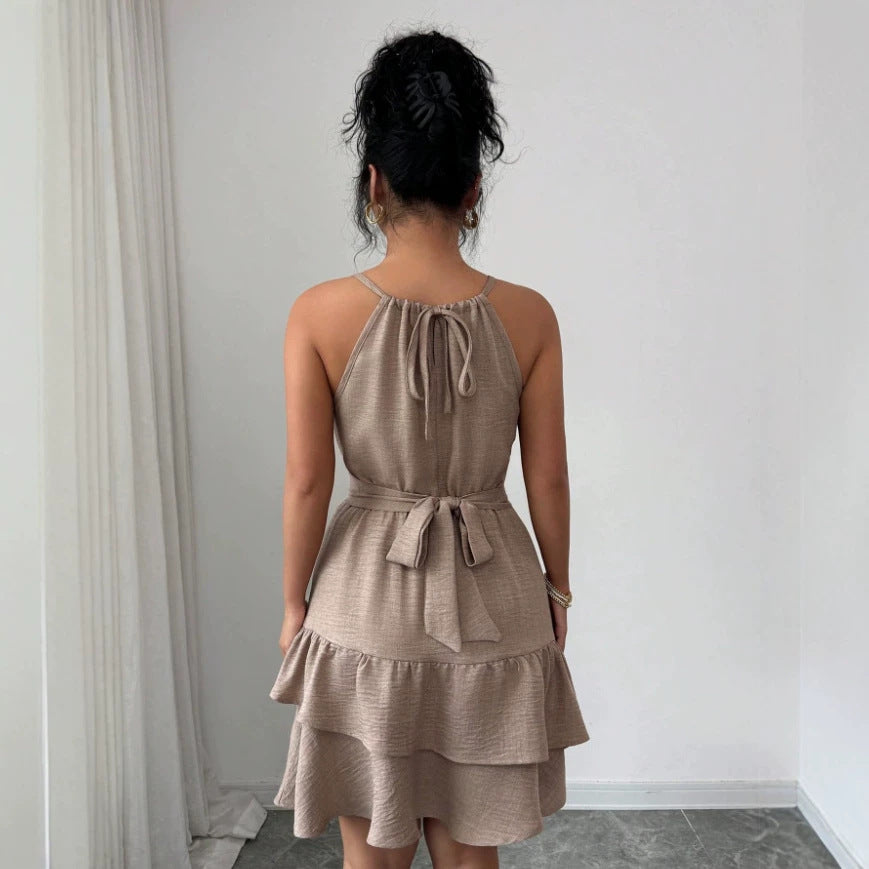 Halter V-Ausschnitt Rüschenkleid