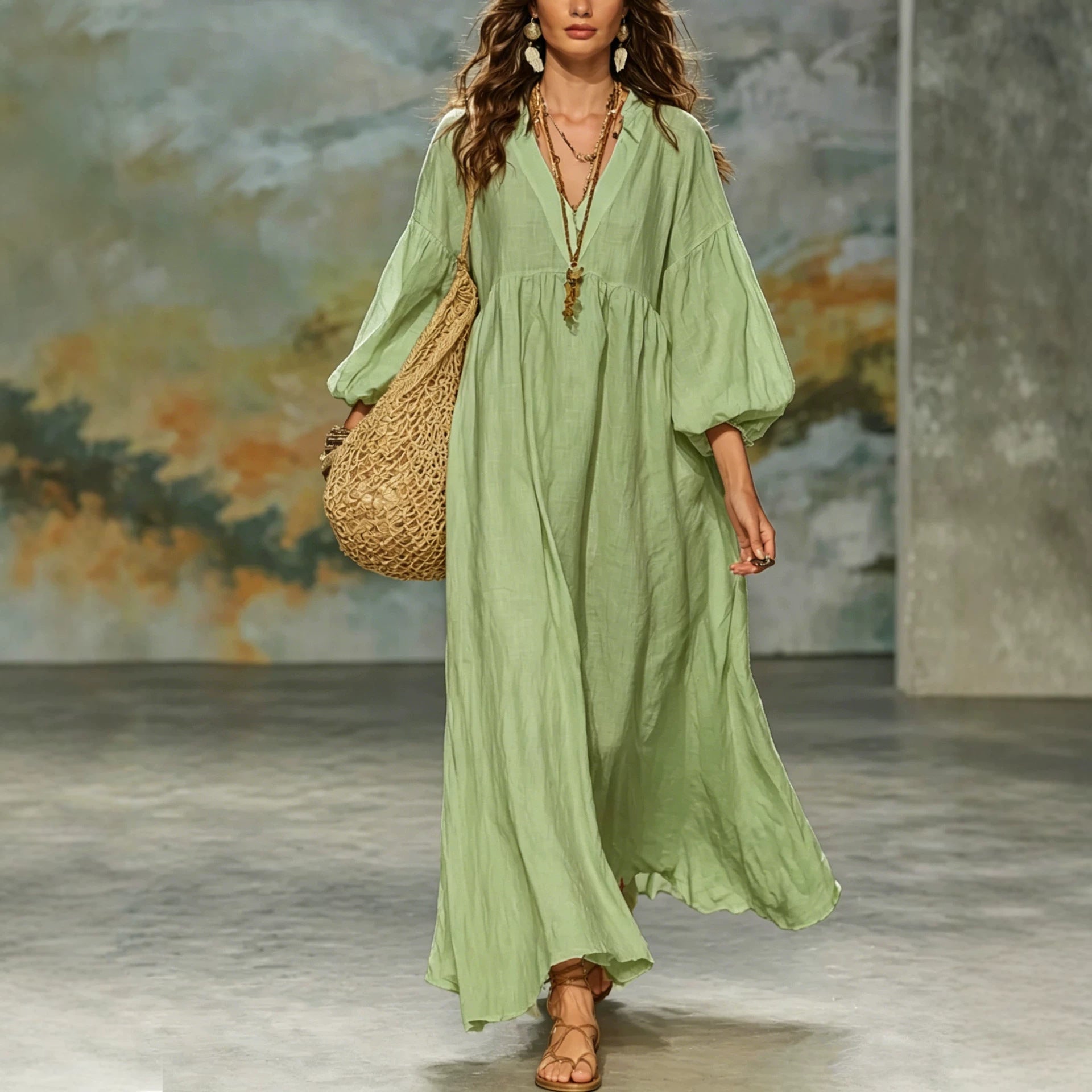Deep-V-Kleid mit Laternenärmeln