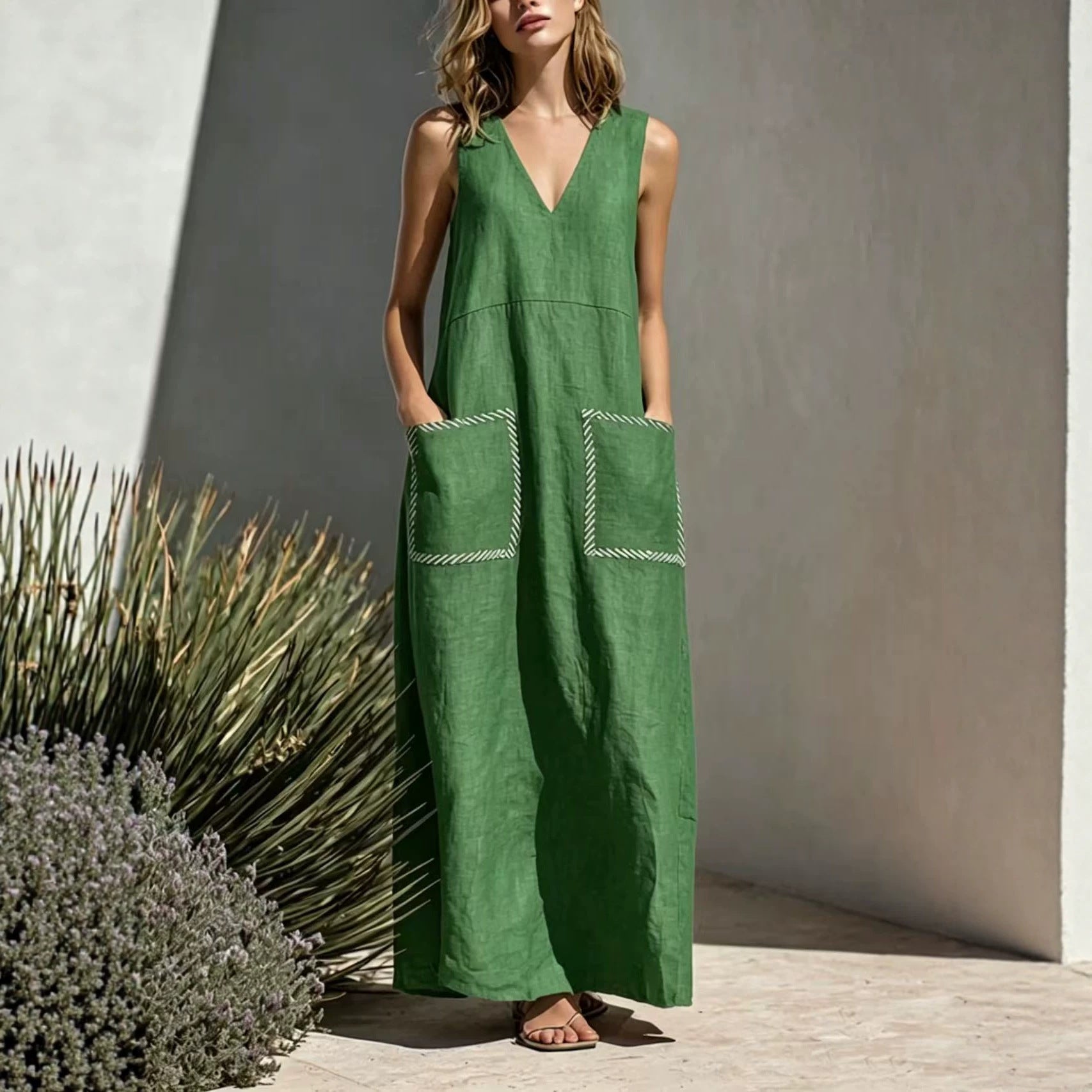 Elegantes ärmelloses V-Ausschnitt-Kleid mit Taschen