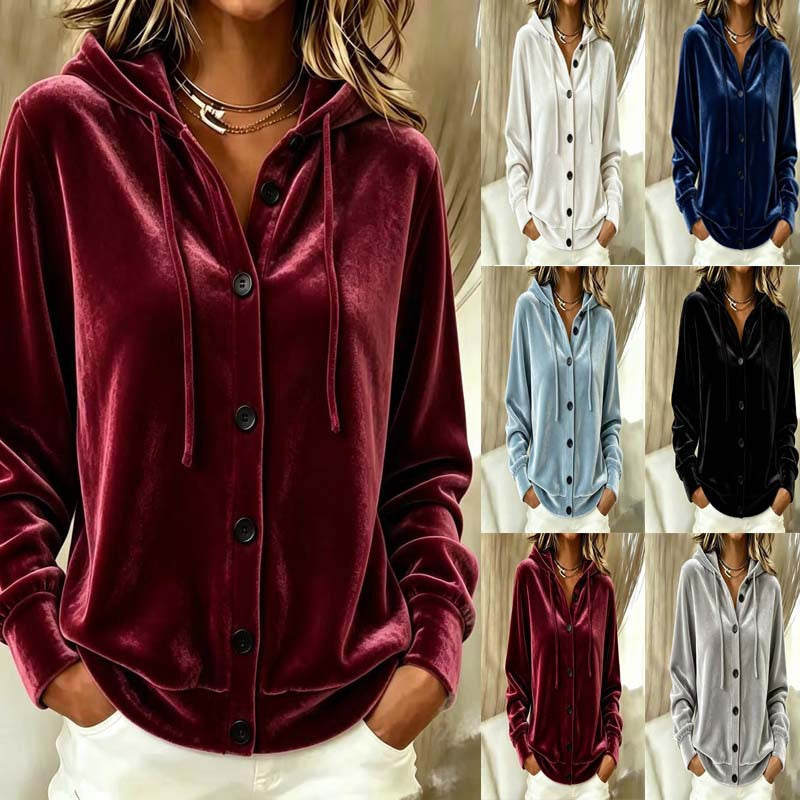 Samt-Cardigan mit Kapuze und Knopfleiste