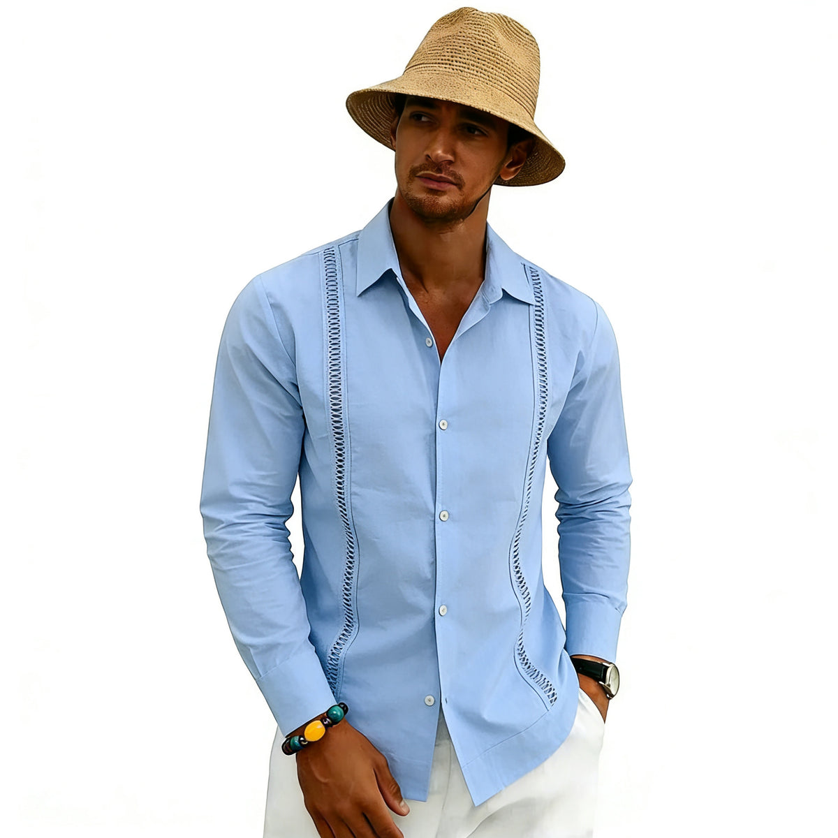 Herren-Hemd aus Leinen-Polyester-Mix mit Stehkragen – Bild 2 | LuxeStyle