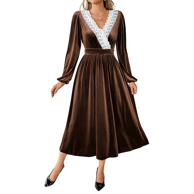 Braunes Spitzen-V-Neck-Maxi-Kleid | LuxeStyle