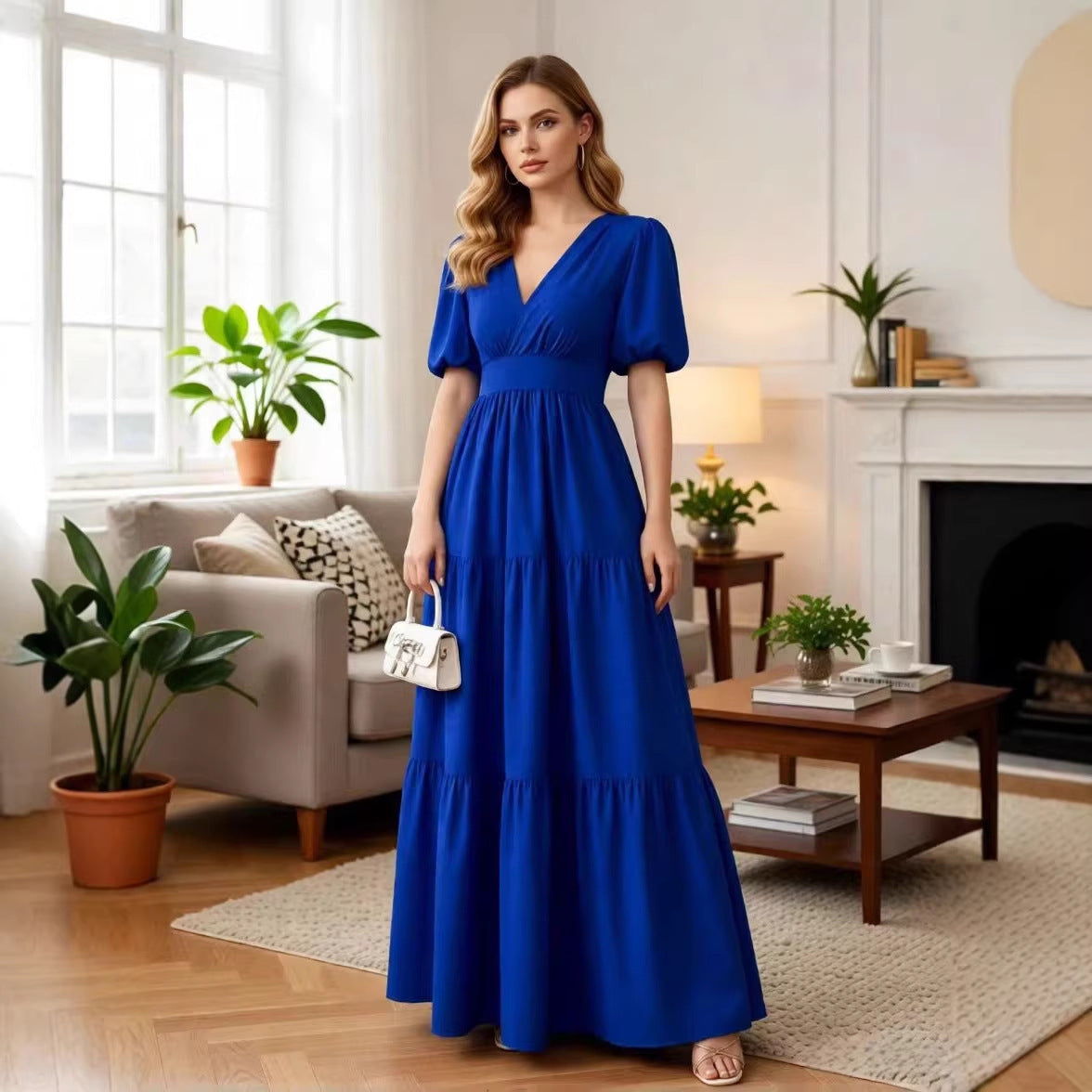 Elegantes, hochtailliertes Langarmkleid mit V-Ausschnitt – Bild 9 | LuxeStyle
