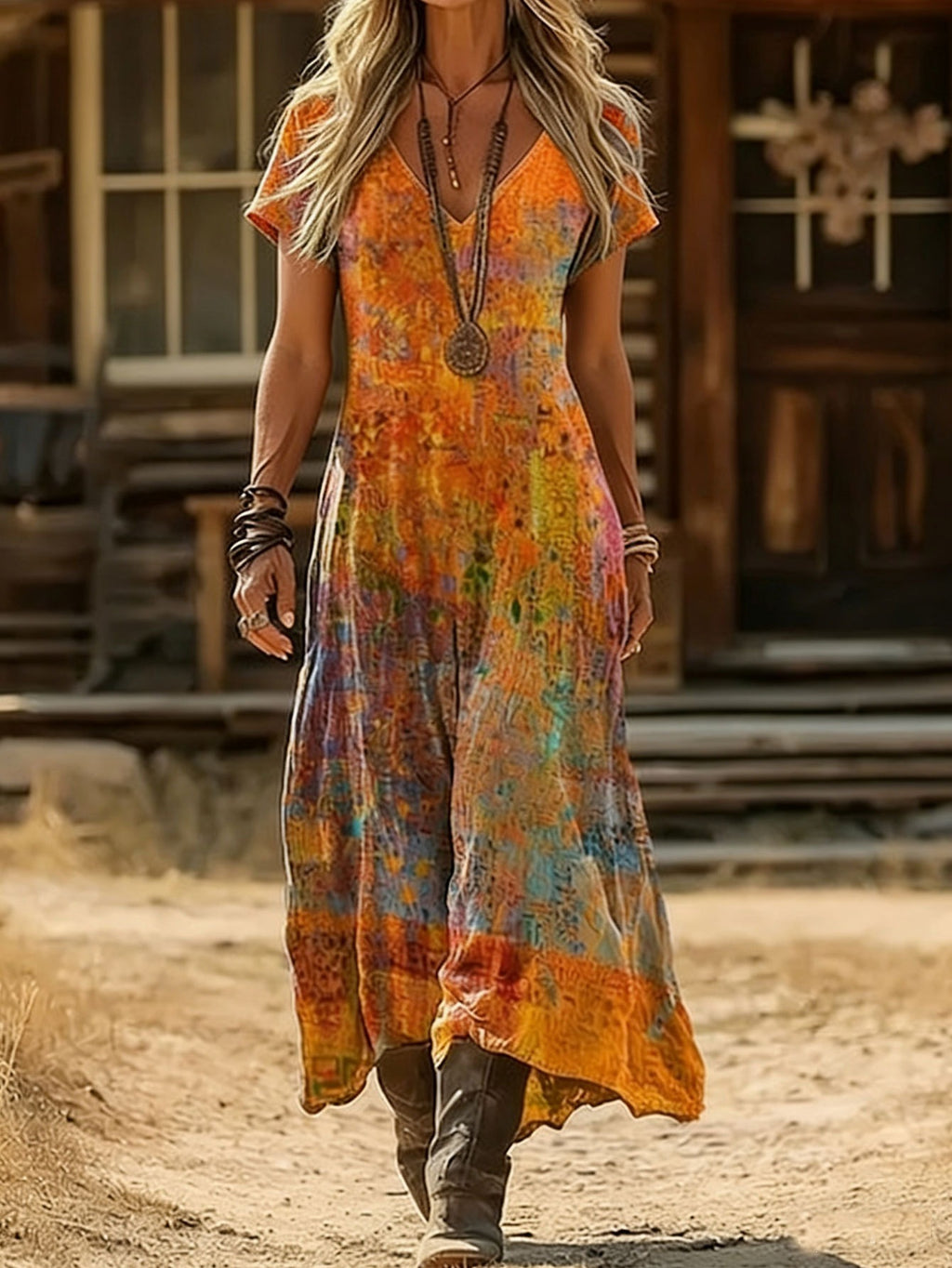 V-Ausschnitt Maxikleid mit Print – Bild 6 | LuxeStyle