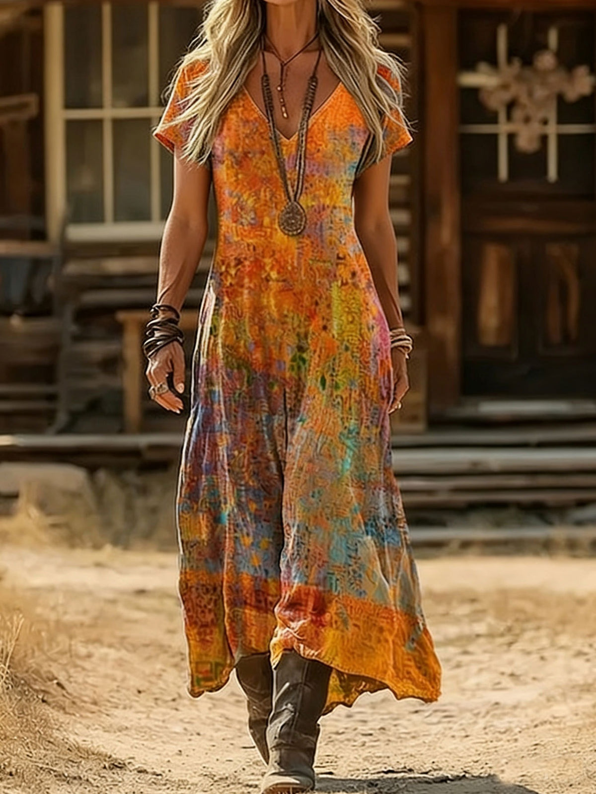 V-Ausschnitt Maxikleid mit Print – Bild 6 | LuxeStyle
