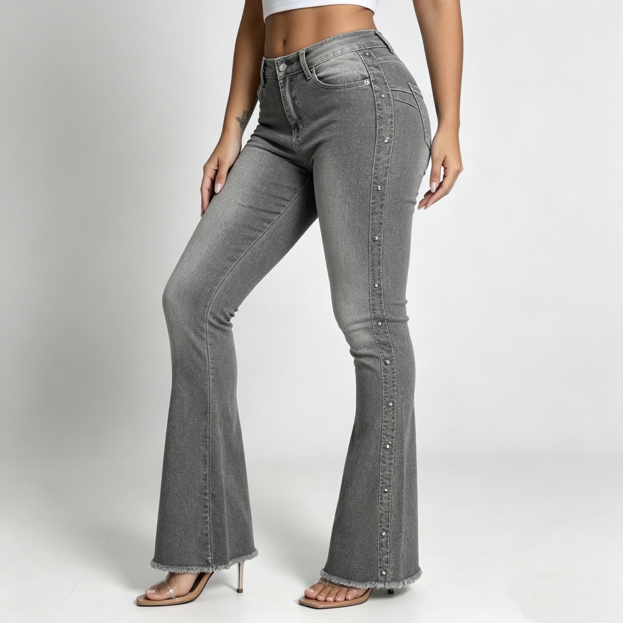 Stud-Details Hochtaillierte Flare-Jeans Grau-Wasch, Slim Bootcut (bis