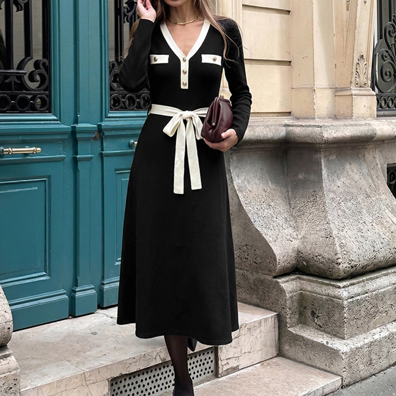 Colorblock V-Neck Strickkleid mit Schnürung