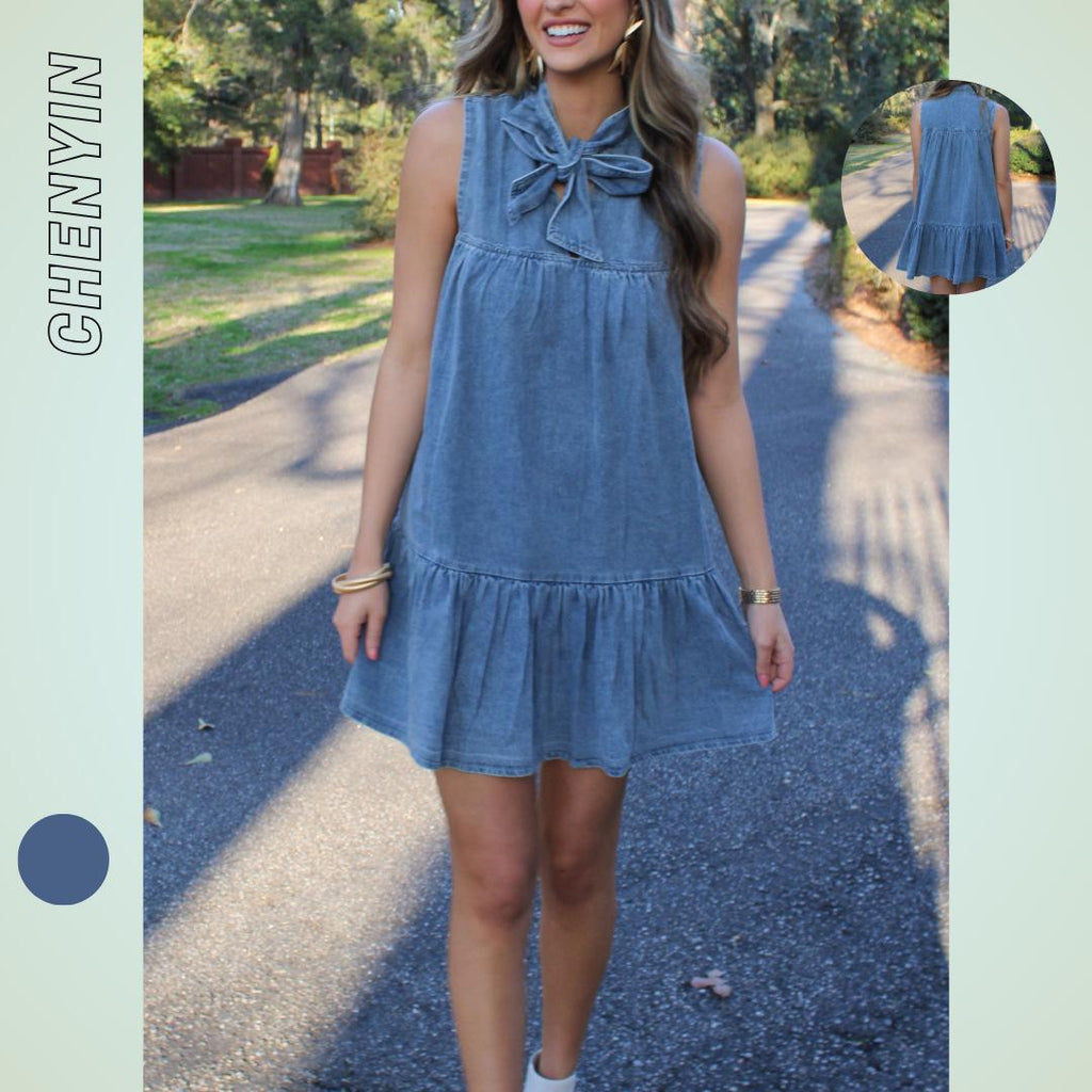 A-Linien-Kleid mit Bogenknopf, Denimblau – Bild 6 | LuxeStyle