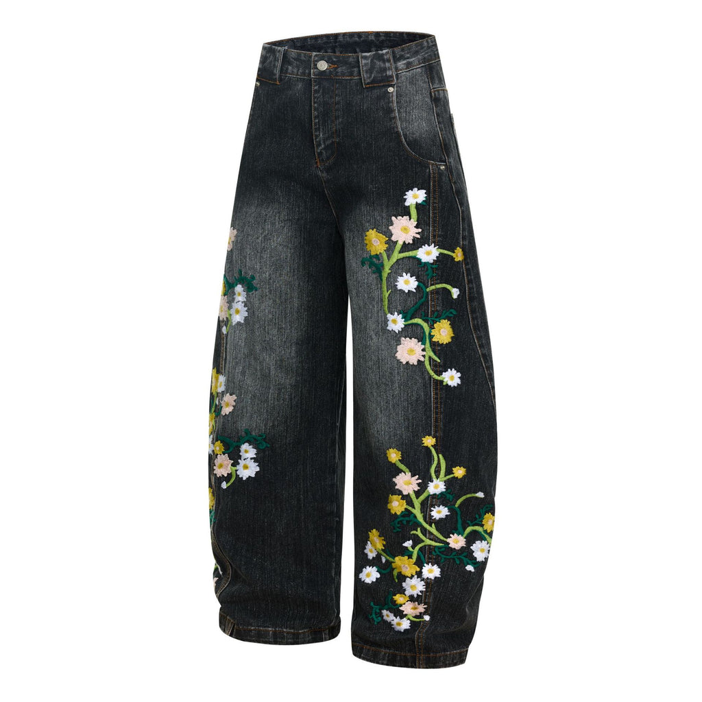 Jeans mit Blumenstickerei und weitem Bein