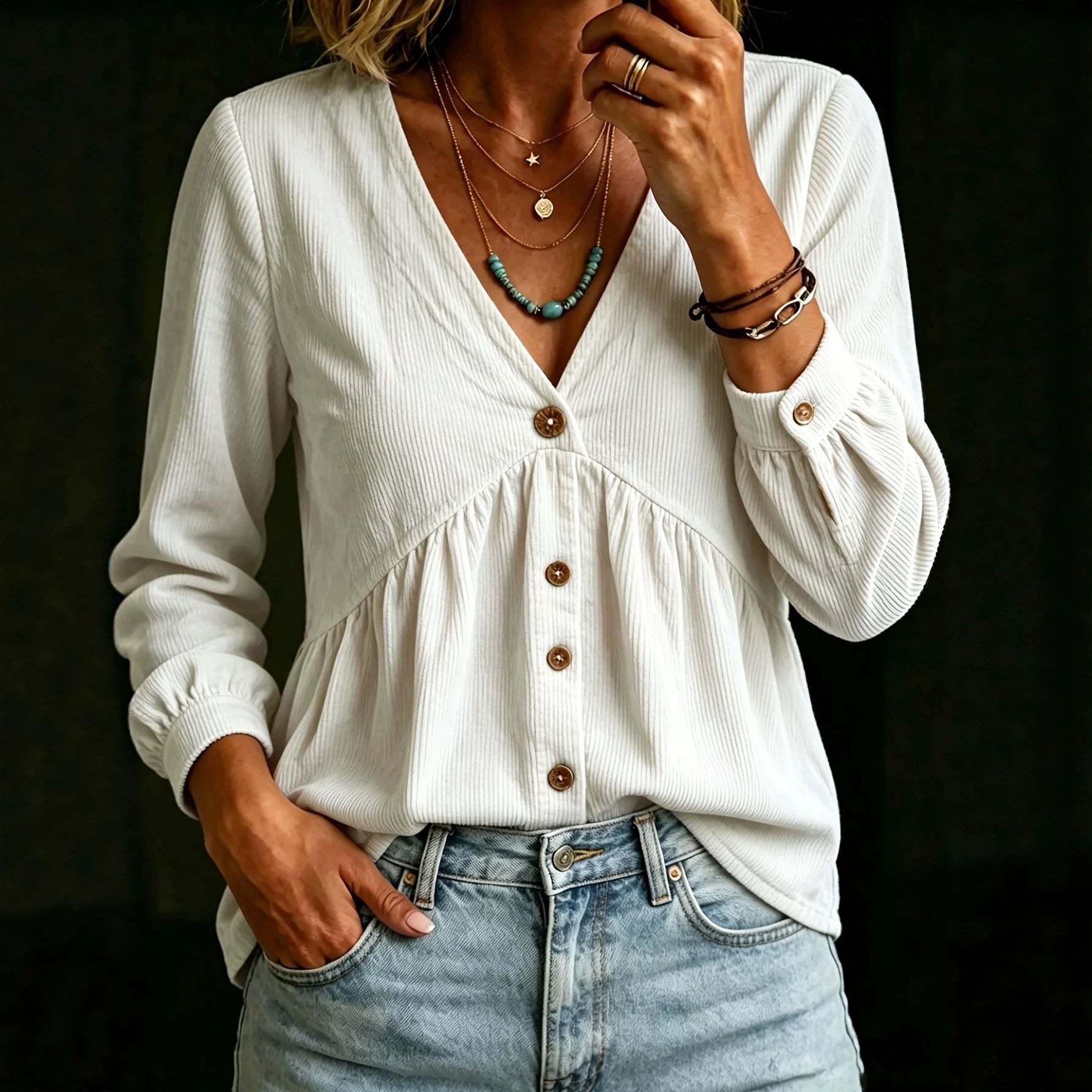 Corduroy V-neck Button-down Shirt