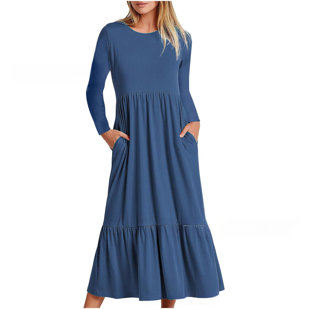 Elegantes Rundhals-Pleated-Maxi-Kleid – Bild 2 | LuxeStyle