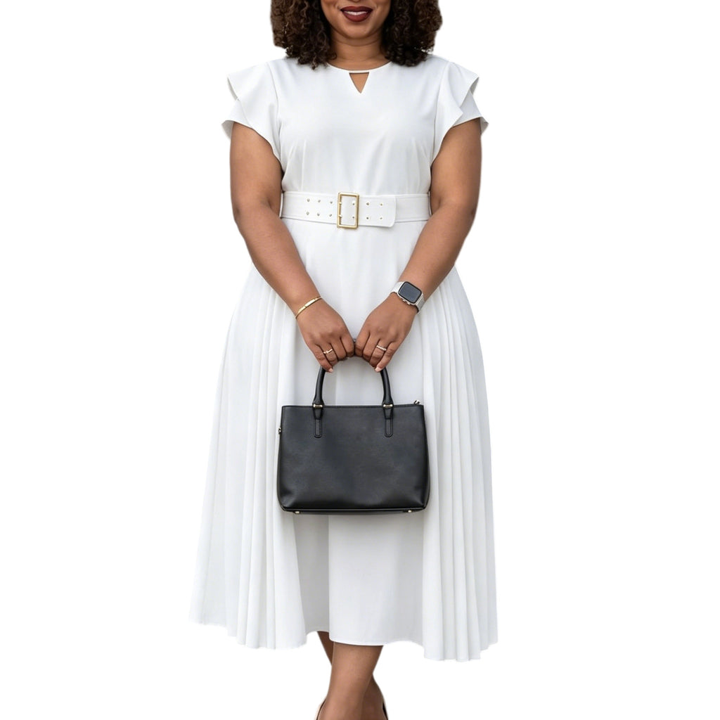 Midi-Plisseekleid mit Rüschenärmeln und Gürtel