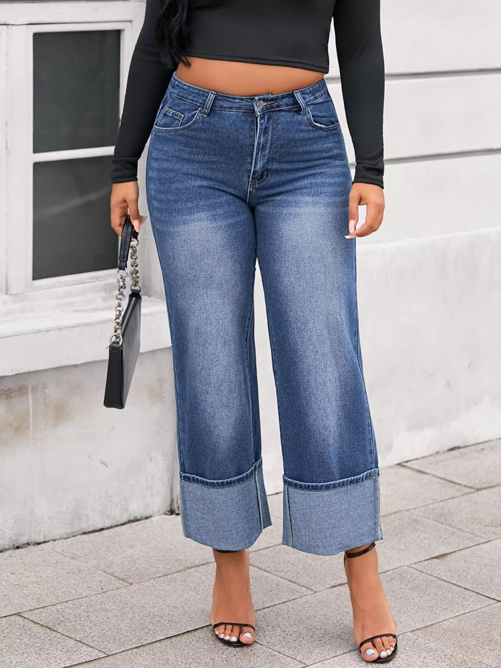 Damen Cuff Washed Wide-Leg Crop-Jeans